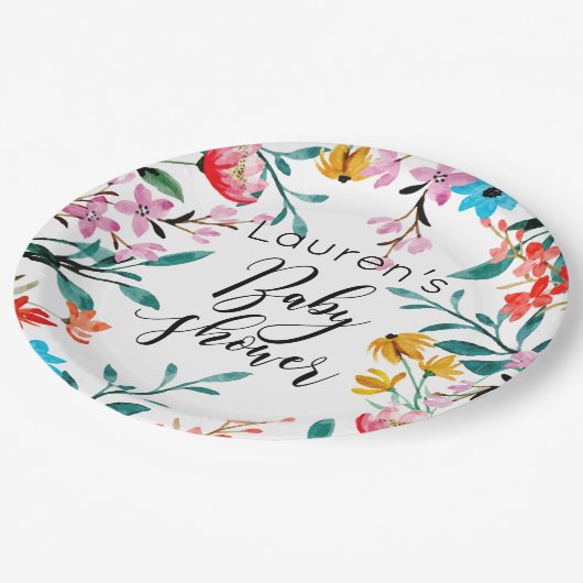 Assiettes En Carton Baby shower de fleurs d'aquarelle (Angle)
