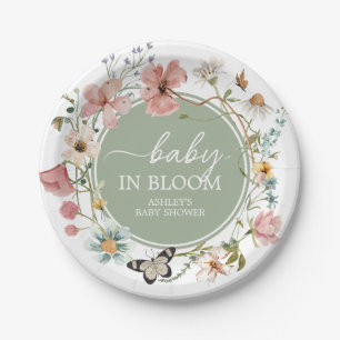 Assiettes En Carton Baby shower de fleurs de bébé vert Sage