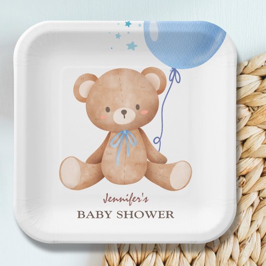 Assiettes En Carton Baby shower de garçon Bleu Ours Teddy