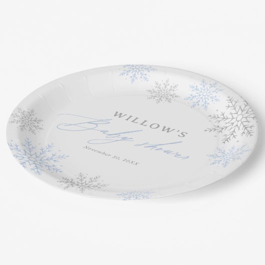 Assiettes En Carton Baby shower de garçon Blue Snowflake (Angle)