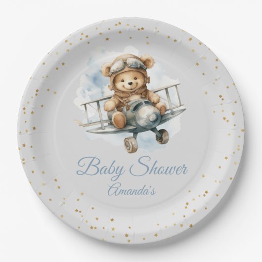 Assiettes En Carton Baby shower de garçon moderne mignon Boho Blue Ted (Devant)