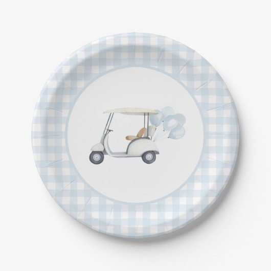 Assiettes En Carton Baby shower de golf Blue En vichy (Devant)