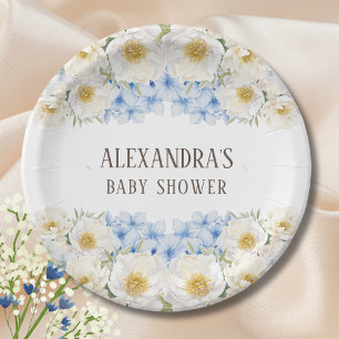 Assiettes En Carton Baby shower de jardin Floral Blanc bleu Hydrangea