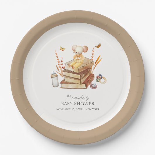 Assiettes En Carton Baby shower de la souris de livre Boho neutre pour (Devant)