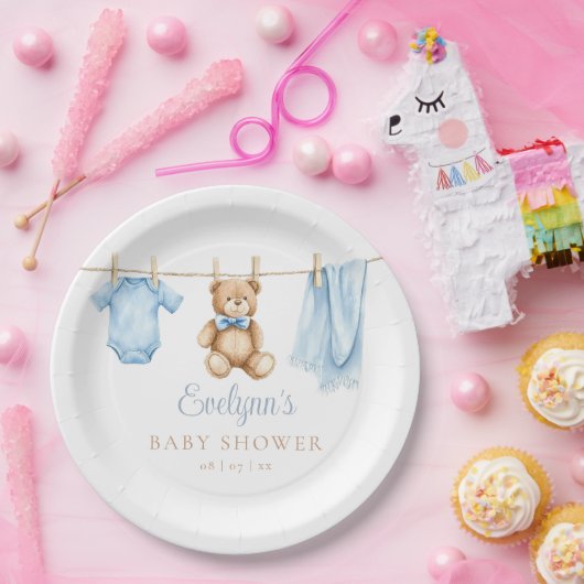 Assiettes En Carton Baby shower de linge bleu bébé garçon (Fête)