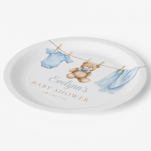 Assiettes En Carton Baby shower de linge bleu bébé garçon (Angle)
