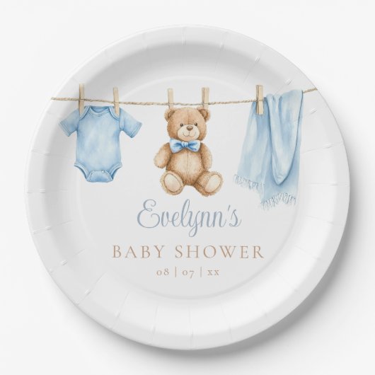 Assiettes En Carton Baby shower de linge bleu bébé garçon (Devant)