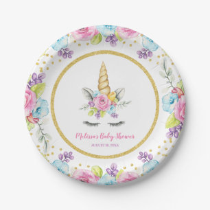 Assiettes En Carton Baby shower de l'Unicorne florale