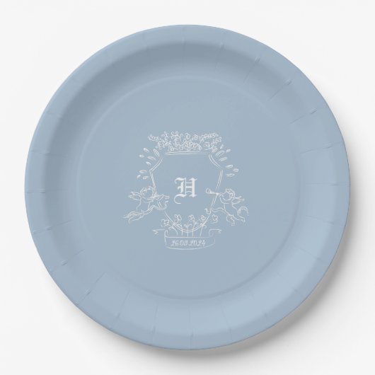 Assiettes En Carton Baby shower de monogramme bleu Dusty (Devant)