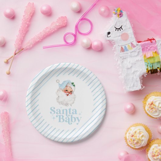 Assiettes En Carton Baby shower de Noël Bébé Retro Blue Père Noël (Fête)