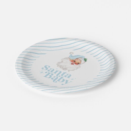 Assiettes En Carton Baby shower de Noël Bébé Retro Blue Père Noël (Angle)