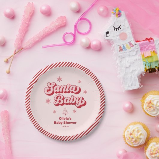 Assiettes En Carton Baby shower de Noël rose Père Noël bébé (Fête)
