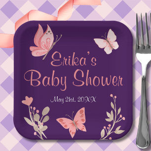 Assiettes En Carton Baby shower de papillons floraux rose moderne