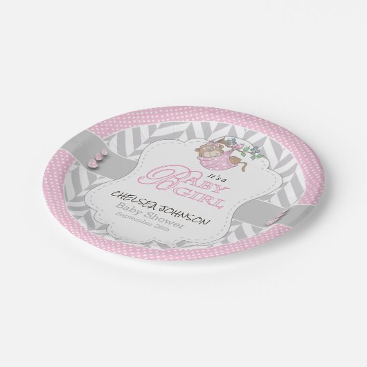 Assiettes En Carton Baby shower de singe rose, gris blanc (Angle)