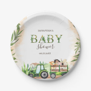 Assiettes En Carton Baby shower de tracteur pour animaux de ferme aqua