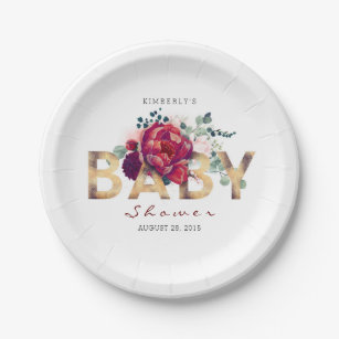 Assiettes En Carton Baby shower de typographie de la Flore rouge de Bo
