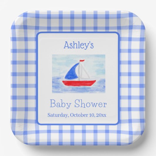 Assiettes En Carton Baby shower de vérification bleu bateau à voile Wa (Recto)