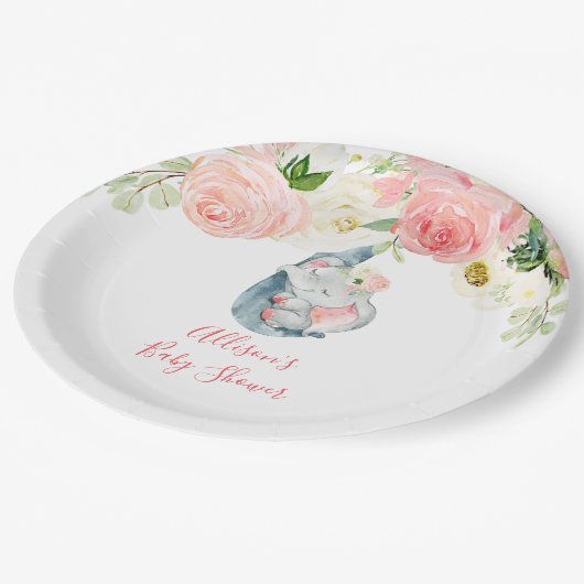 Assiettes En Carton Baby shower d'éléphant blanc rose pâle (Angle)