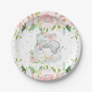 Assiettes En Carton Baby shower d'éléphant dormant rose floral