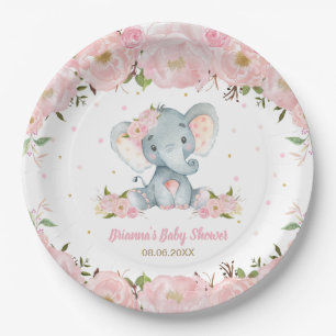 Assiettes En Carton Baby shower d'éléphant floral rose vif