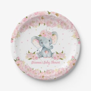 Assiettes En Carton Baby shower d'éléphant floral rose vif