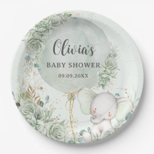 Assiettes En Carton Baby shower d'éléphant floral vert Sage