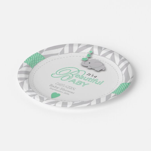 Assiettes En Carton Baby shower d'éléphant vert, gris blanc (Angle)