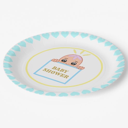 Assiettes En Carton Baby shower des Coeurs Turquoise (Angle)