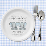 Assiettes En Carton Baby shower des Jumeaux Eléphant<br><div class="desc">Plaques en papier mignonnes pour vos baby showers jumeaux avec "Two Sweet Little Peanuts Are On Their Way" écrit dans une typographie douce et grise et un script élégant avec des swashes et des aquarelles bleues d'éléphants jumeaux. Personnalisez le nom et la date de la douche de la future mère...</div>