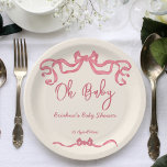 Assiettes En Carton Baby shower d'esquisse à ruban rose<br><div class="desc">Ruban rose gribouillage croquis écriture manuscrite baby shower papier modèle plaques personnalisées baby shower vaisselle,  moderne gribouillis fantaisie illustration oh bébé baby shower plaques</div>