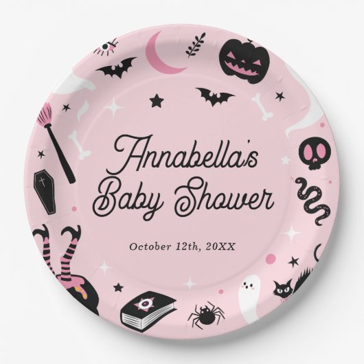 Assiettes En Carton Baby shower d'Halloween rose (Devant)