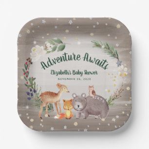 Assiettes En Carton Baby shower d'hiver des animaux rustiques en bois