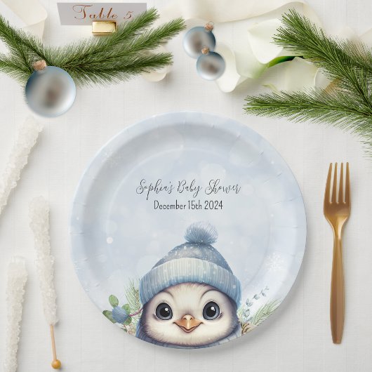 Assiettes En Carton Baby shower d'hiver du garçon bleu pingouin mou
