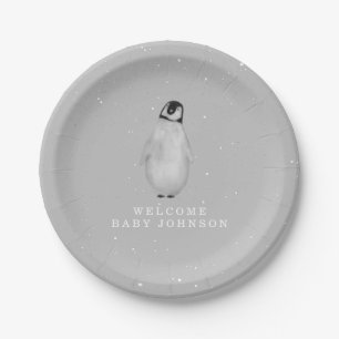 Assiettes En Carton Baby shower d'hiver gris neutre pour le pingouin