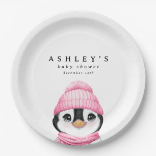 Assiettes En Carton Baby shower d'hiver Pingouin Rose