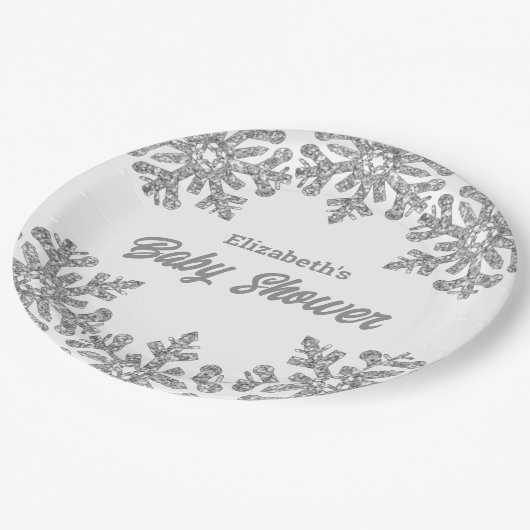 Assiettes En Carton Baby shower d'hiver Silver Snowflake (Angle)
