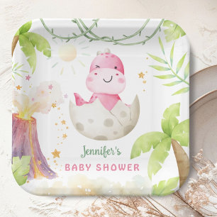 Assiettes En Carton Baby-Shower Dinosaure Fille Mignonne aux Dinosaure