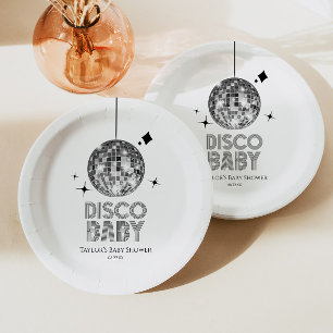 Assiettes En Carton Baby shower Disco Ball 'Disco Baby' en argent