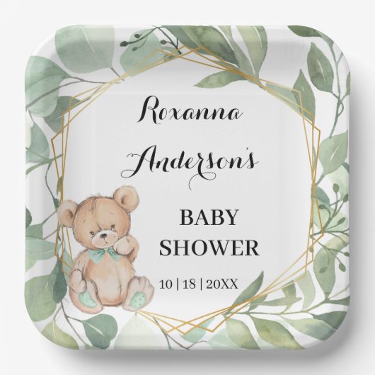 Assiettes En Carton Baby shower d'or Bear Greenery (Recto)