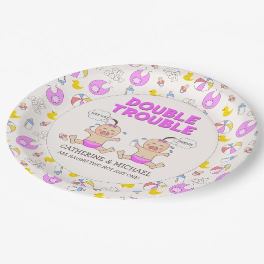 Assiettes En Carton Baby shower Double Trouble Twin Girls (Angle)