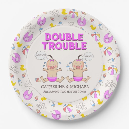 Assiettes En Carton Baby shower Double Trouble Twin Girls (Devant)