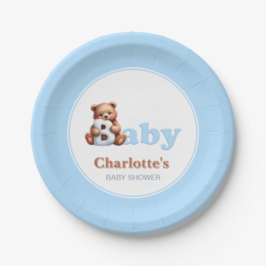 Assiettes En Carton Baby shower d'ours bleu Teddy (Devant)