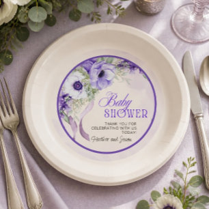 Assiettes En Carton Baby-Shower élégant aux fleurs violettes