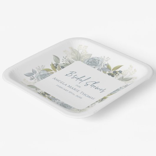 Assiettes En Carton Baby Shower Élégant Fleurs Roses Bleu Poussiéreux (Angulaire)