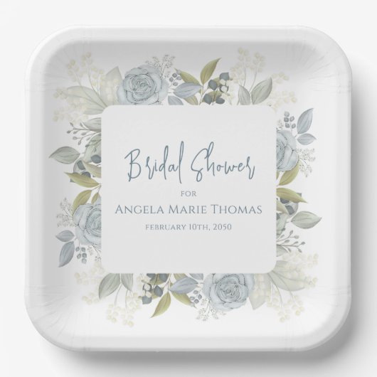 Assiettes En Carton Baby Shower Élégant Fleurs Roses Bleu Poussiéreux (Recto)