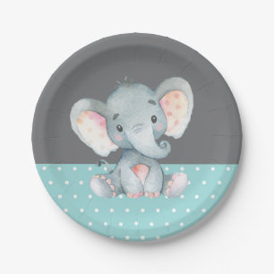 Assiettes En Carton Baby shower éléphant Aqua Turquoise Turquoise et