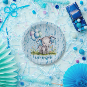 Assiettes En Carton Baby Shower Éléphant Bébé et Garçon Fleur des Cham