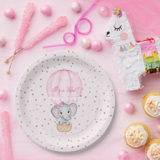 Assiettes En Carton Baby shower éléphant bébé fille à ballon chaud (Fête)