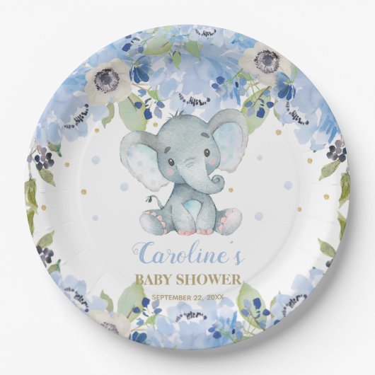 Assiettes En Carton Baby shower Eléphant Bleu Floral (Devant)