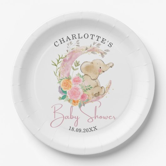 Assiettes En Carton Baby shower Eléphant Fille Lune Rose Cute (Devant)